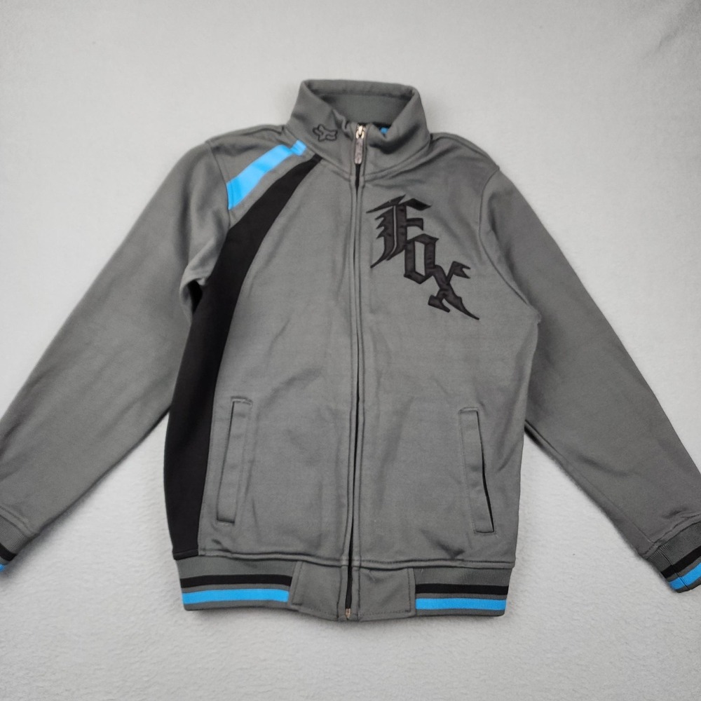 Fox Track Jacket Youth Medium Gray Colorblock Full Zip Mock Neck Moto Logo Moto